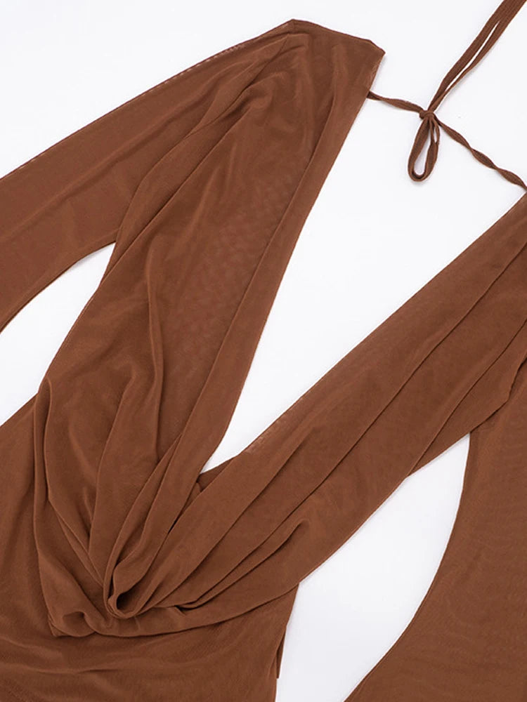 Ruched Sheer Mesh Dress With Flare Sleeves V Neck