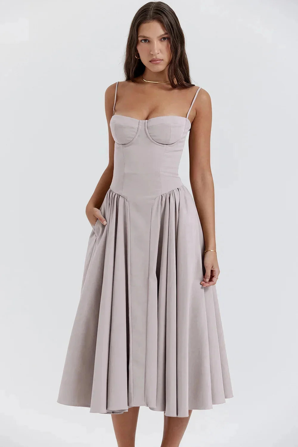 Backless Suspender Midi Dress Sleeveless A Line Style For Evening Wear