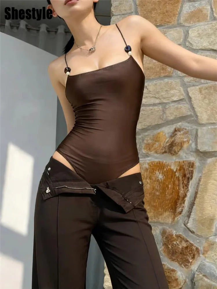Brown Spaghetti Strap Bodysuit Women Summer Sleeveless Cross Skinny Tight Tide Basic Camisole