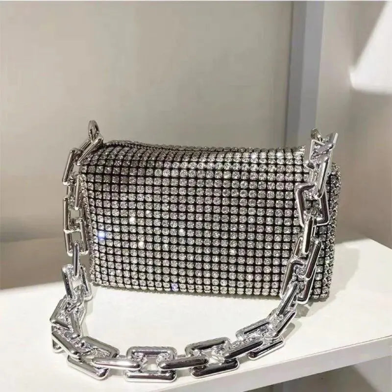 Mini Crossbody Rhinestone Bucket Bag With Glitter Chain Purse