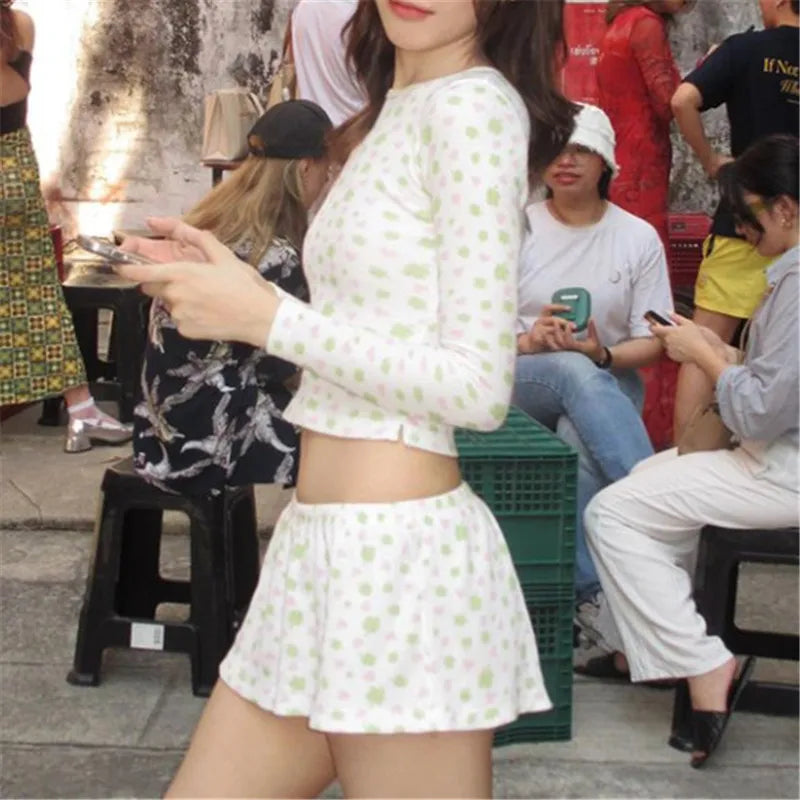 Floral Knit Pajama Set With Crop Top And Low Waist Shorts