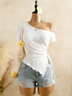 Ribbed One Shoulder Top With Asymmetrical Hem, Drawstring Ruched Detailing