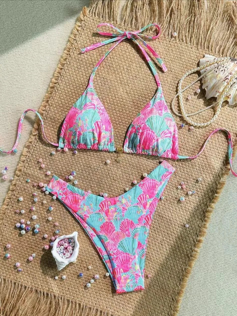 Petal Pink Print Two Piece Halter Bikini Set With Pendant Detail