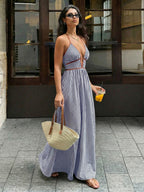 Sea Breeze Striped Deep V Beach Dress With Backless Sleeveless Maxi