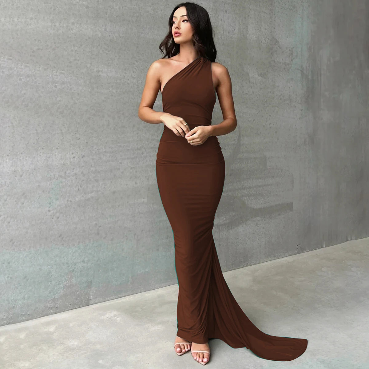 One Shoulder Backless Ruched Dress
