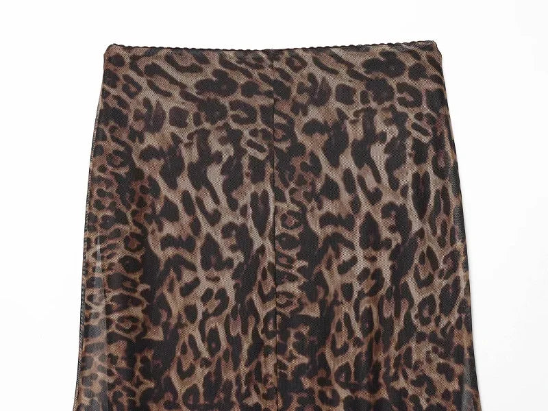 Vintage Leopard Print Mesh Long Skirt With Empire Waist Flowy Tulle