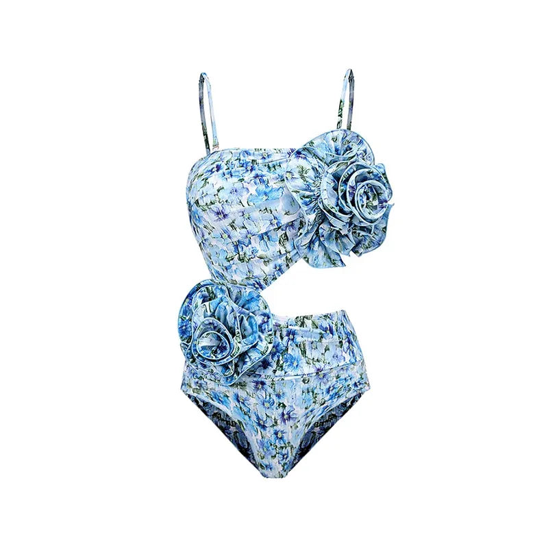 3D Flower Cutout One Piece Swimsuit With Skirt Push Up Slimming Beachwear