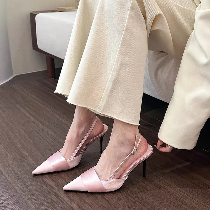 Soft Pink Silver Black Satin Slingback Pumps Point Toe And Ribbon Plait Design For Elegant Evening