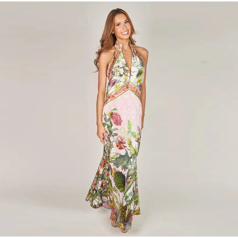 Flirty Printed Halter Backless Dress For Summer Party Chic Evening Outfits Slim High Waist