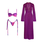 Three Piece Halter Bikini Set Purple Crochet Dress Swimsuit With Push Up Bandeau Beachwear