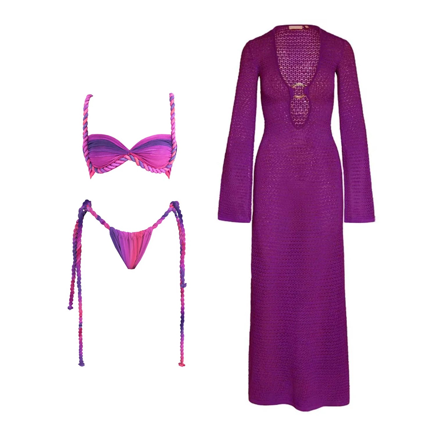 Three Piece Halter Bikini Set Purple Crochet Dress Swimsuit With Push Up Bandeau Beachwear