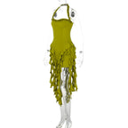 Elegant Halter Backless Ruffles Mini Dress Slim Fit With Tassel Detail