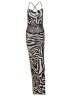 Zebra Print Maxi Dress With Lace Patchwork And Backless Slit l