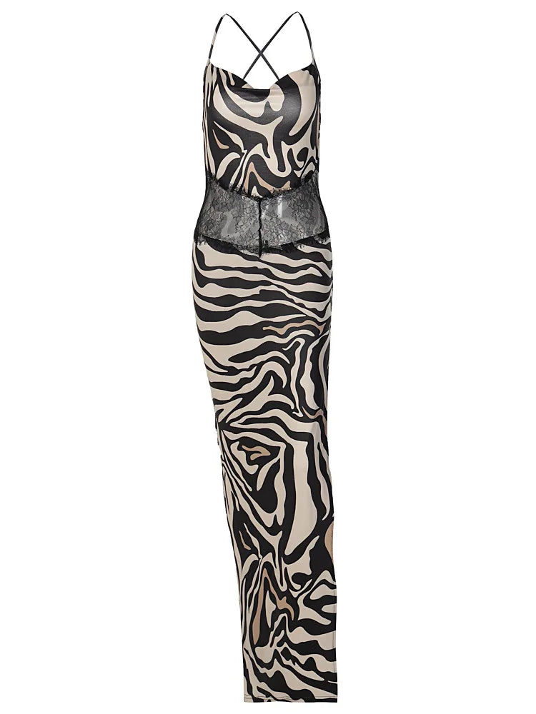 Zebra Print Maxi Dress With Lace Patchwork And Backless Slit l