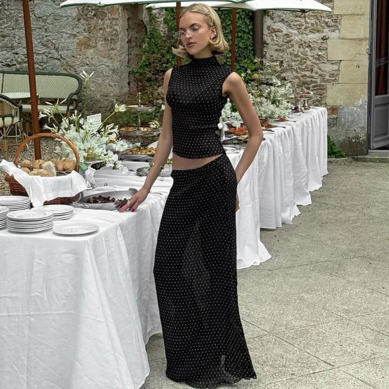 Vintage Polka Dot Dress Set With See Through Top And Long Skirt For Summer Parties