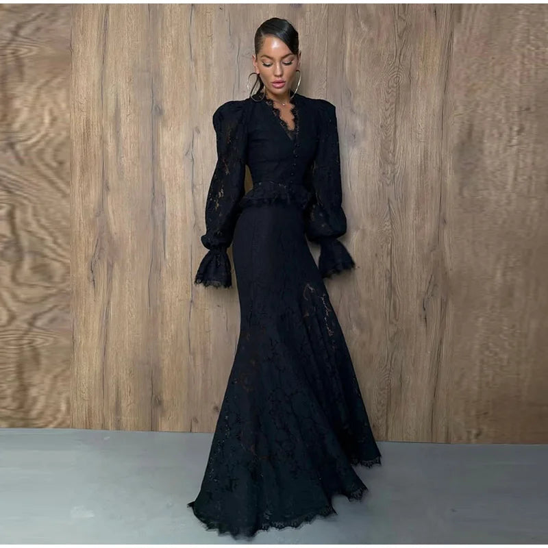 Delicate Lace V-Neck Peplum Top With Flare Sleeves And High Waist Mermaid Hem Elegant Evening Set