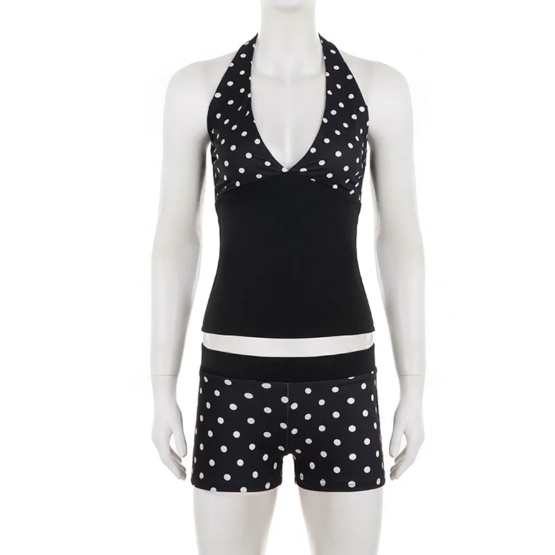 Cute Black Polka Dot Halter Two-piece Set Sexy Beachwear For Summer