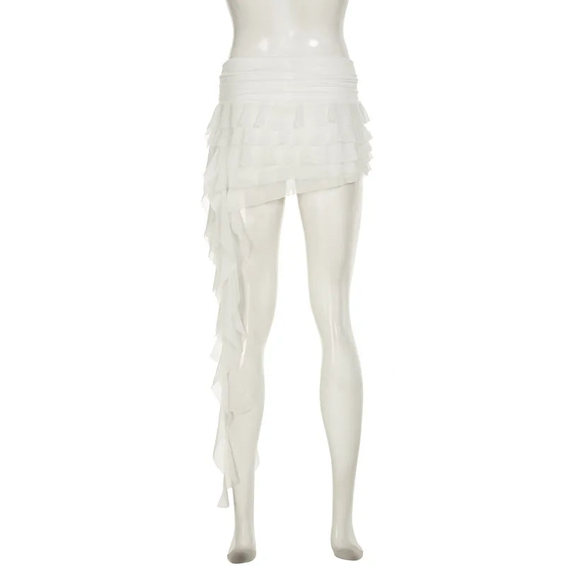 Irregular Mesh Ruffle Edge Low Waist Short Skirt