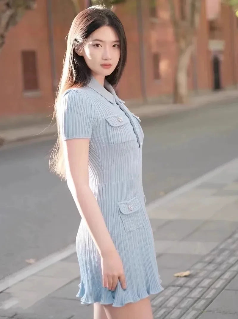 Polo Neck Knit Dress With Elastic Slim Fit And Multi Pocket Wrapped Hip Skirt