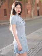 Polo Neck Knit Dress With Elastic Slim Fit And Multi Pocket Wrapped Hip Skirt
