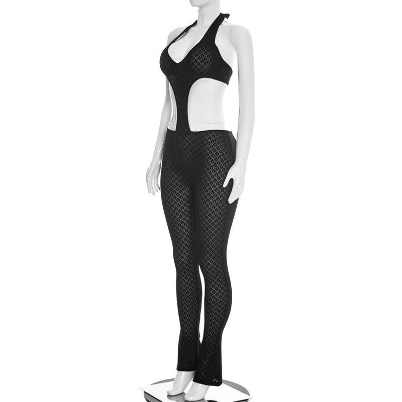Mesh Backless Halter Jumpsuit With See Through Panels And Figure Hugging Fit