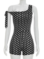 Polka Dot Playsuit With Tassel Details Sleeveless Low-Neck