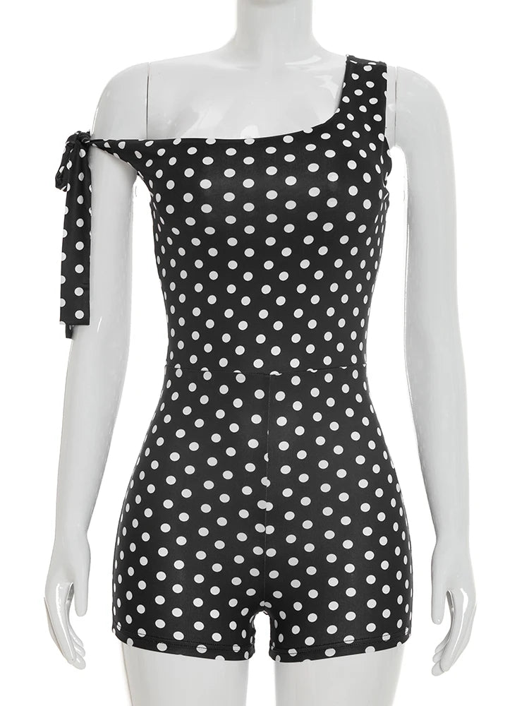 Polka Dot Playsuit With Tassel Details Sleeveless Low-Neck