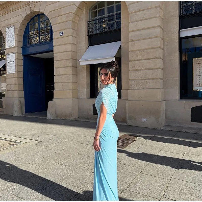 Blue Irregular Shawl Maxi Dress Slim Fit Pleated Turtleneck Elegant Evening