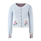 Sweet Blue White Striped Button Through Pointelle Knit Cardigan Sweater Woman Full Puff Sleeve Jumper Cropped Knitwear