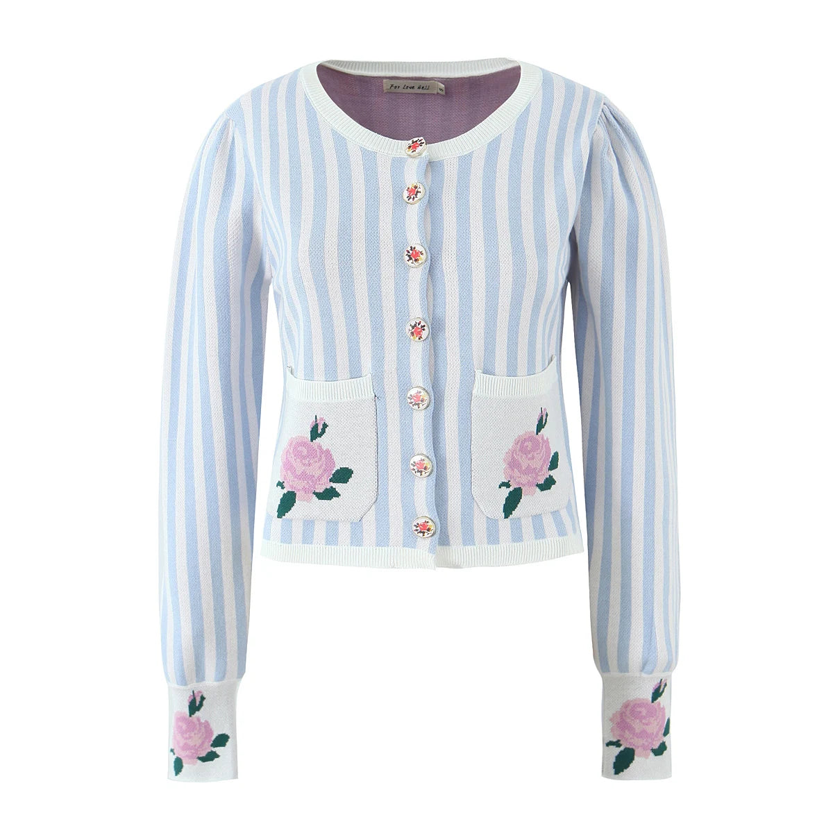 Sweet Blue White Striped Button Through Pointelle Knit Cardigan Sweater Woman Full Puff Sleeve Jumper Cropped Knitwear