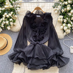 Boho 3D Floral Chiffon Sundress With Long Sleeves Lace Up Ruffle Detail