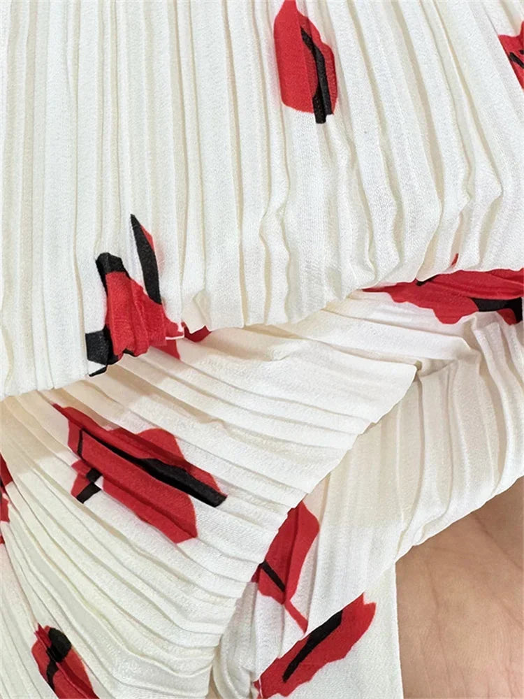 Pleated Red Print High Waist Midi Skirt And Sleeveless