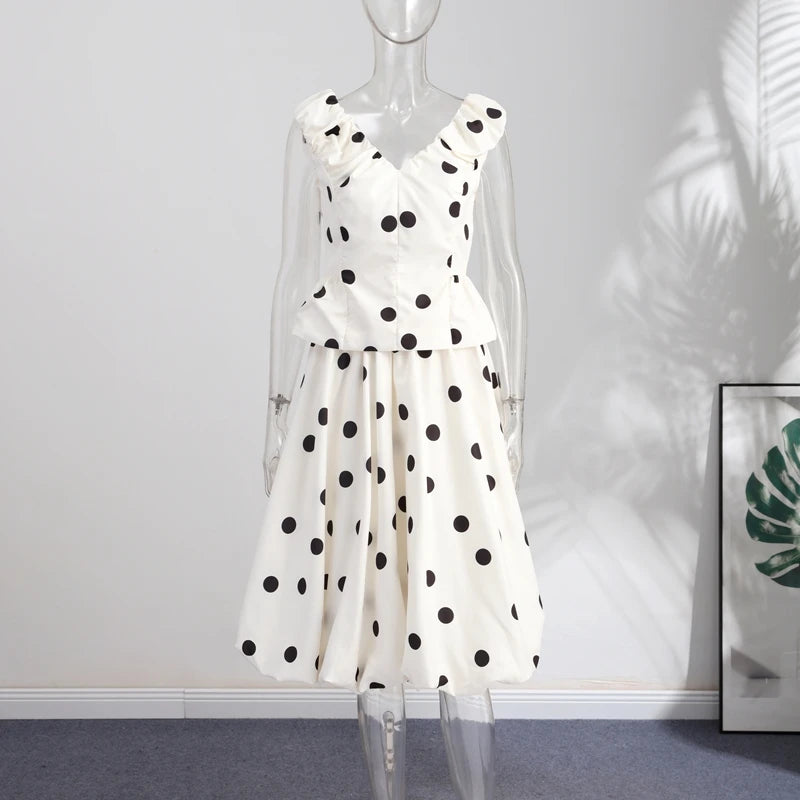 Fashion Women's Lady Suit Halter A-line Tops Bud Loose Skirt Polka Dot Set