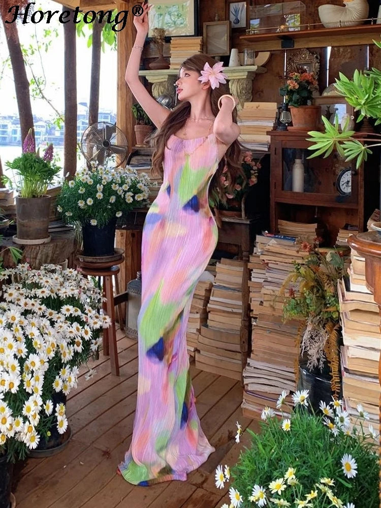 Pink Tie Dye Spaghetti Strap Maxi Dress For Beach Vacation Pleated Sleeveless Elegant Bodycon