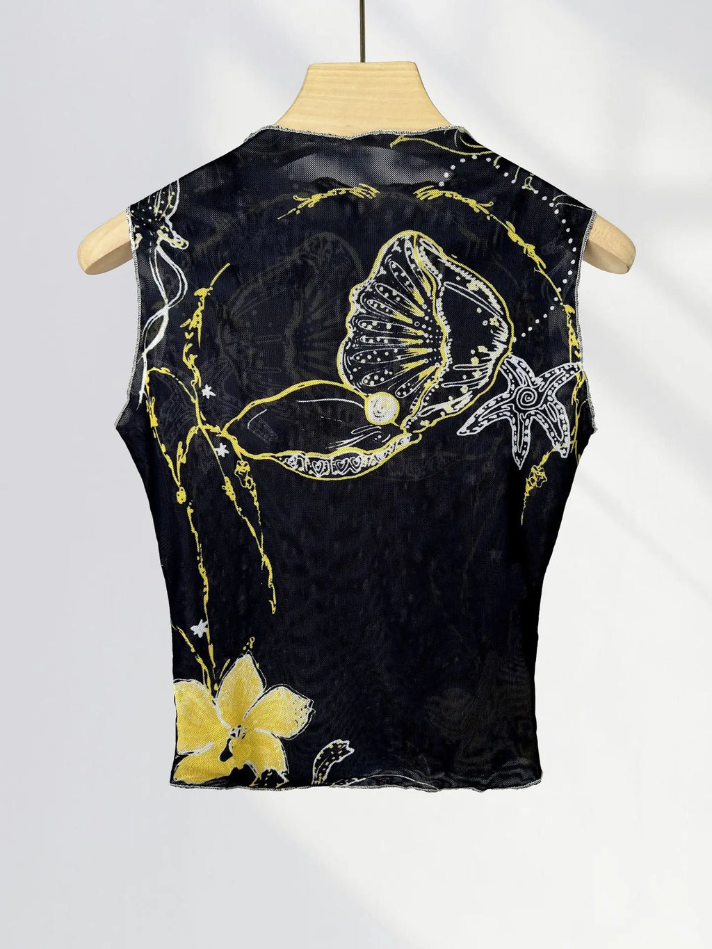 Chic Double Layer Mesh Tee With Elegant Print And High Collar Short Sleeve Women Net Shirt