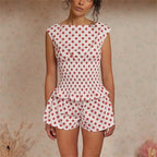 Vintage Chic Polka Dot Set Sleeveless Tank Top With Elastic Waist Shorts