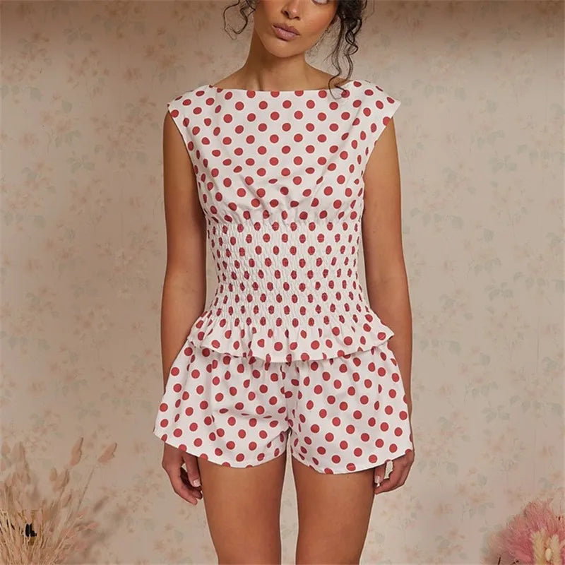 Vintage Chic Polka Dot Set Sleeveless Tank Top With Elastic Waist Shorts