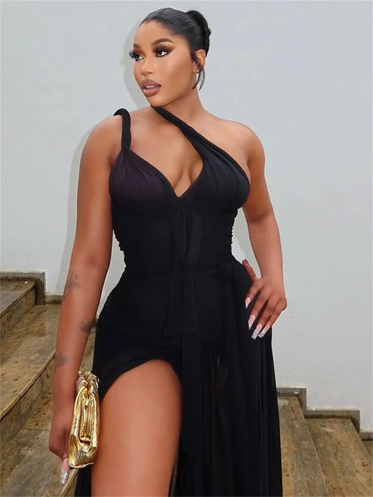 Backless Sleeveless Maxi Dress With High Slits Irregular Skew Collar