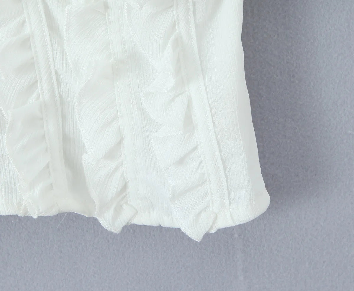 Sunlit Vintage Puff Sleeve V Neck White Chiffon Crop Top Blouse