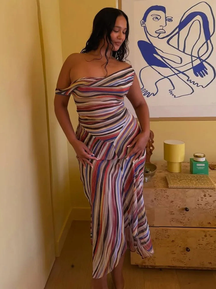 Colorful Stripe Sleeveless Midi Dress