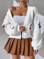 Cozy Cherry Embroidered Off Shoulder Cardigan For Women Loose Knit Jacket Sweater