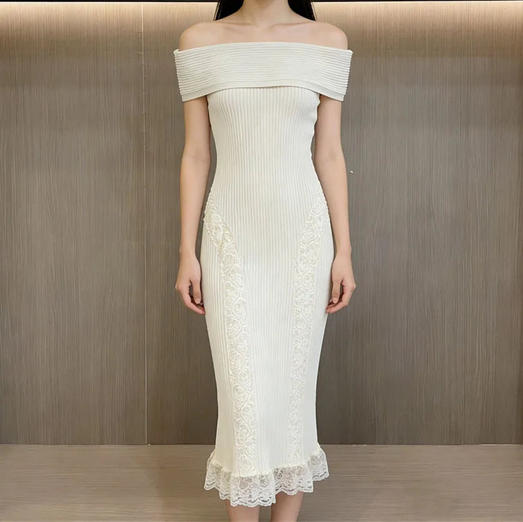 Chic Off-Shoulder Lace Dress And Knit Midi Set