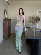 Vintage Reversible Two Piece Halter Neck Top And Long Skirt Set