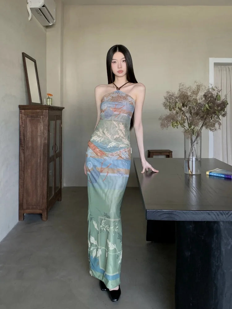 Vintage Reversible Two Piece Halter Neck Top And Long Skirt Set