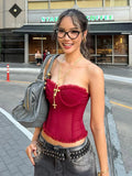 See Through Patchwork Strapless Top With Fishbone Detail Backless Fashion