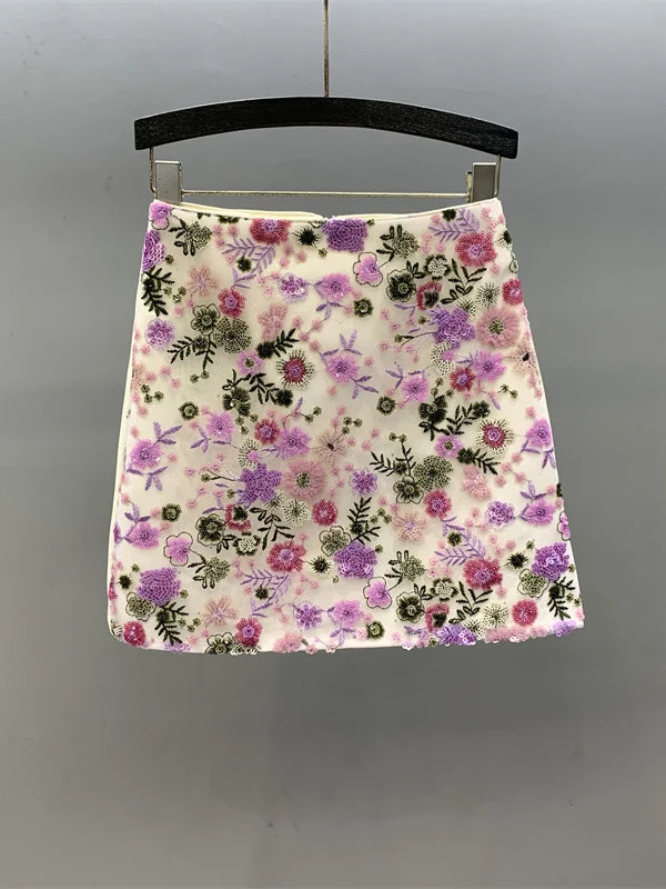 Floral Sequined Mini Skirt With High Waist Glam Inspired Retro Vibe