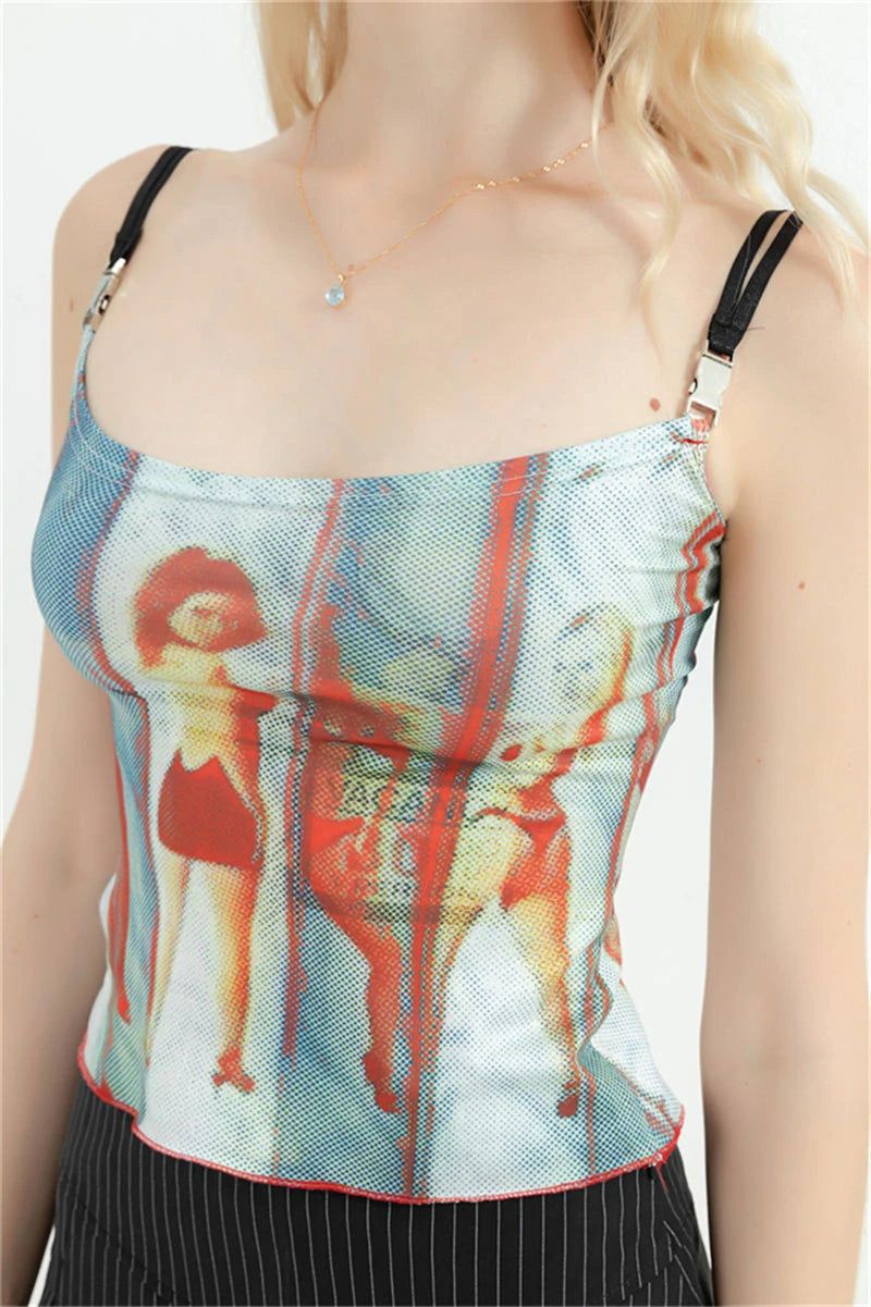 Flirty Vintage Graphic Spaghetti Strap Cami Top With Off Shoulder Flair