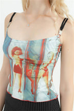 Flirty Vintage Graphic Spaghetti Strap Cami Top With Off Shoulder Flair