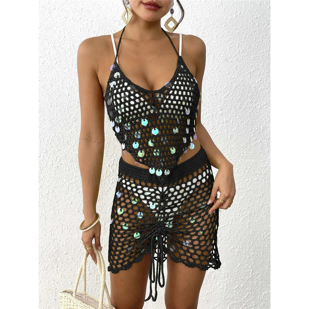 Hollow Out Skirt Crochet Knitted 2 Pieces Suits Cover Up