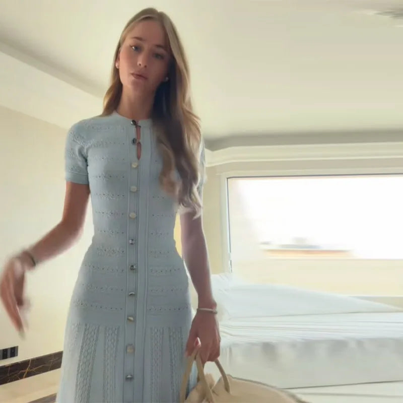 Baby Blue Knit Midi Dress With Button Front Short Sleeves Ruffles Slim Fit